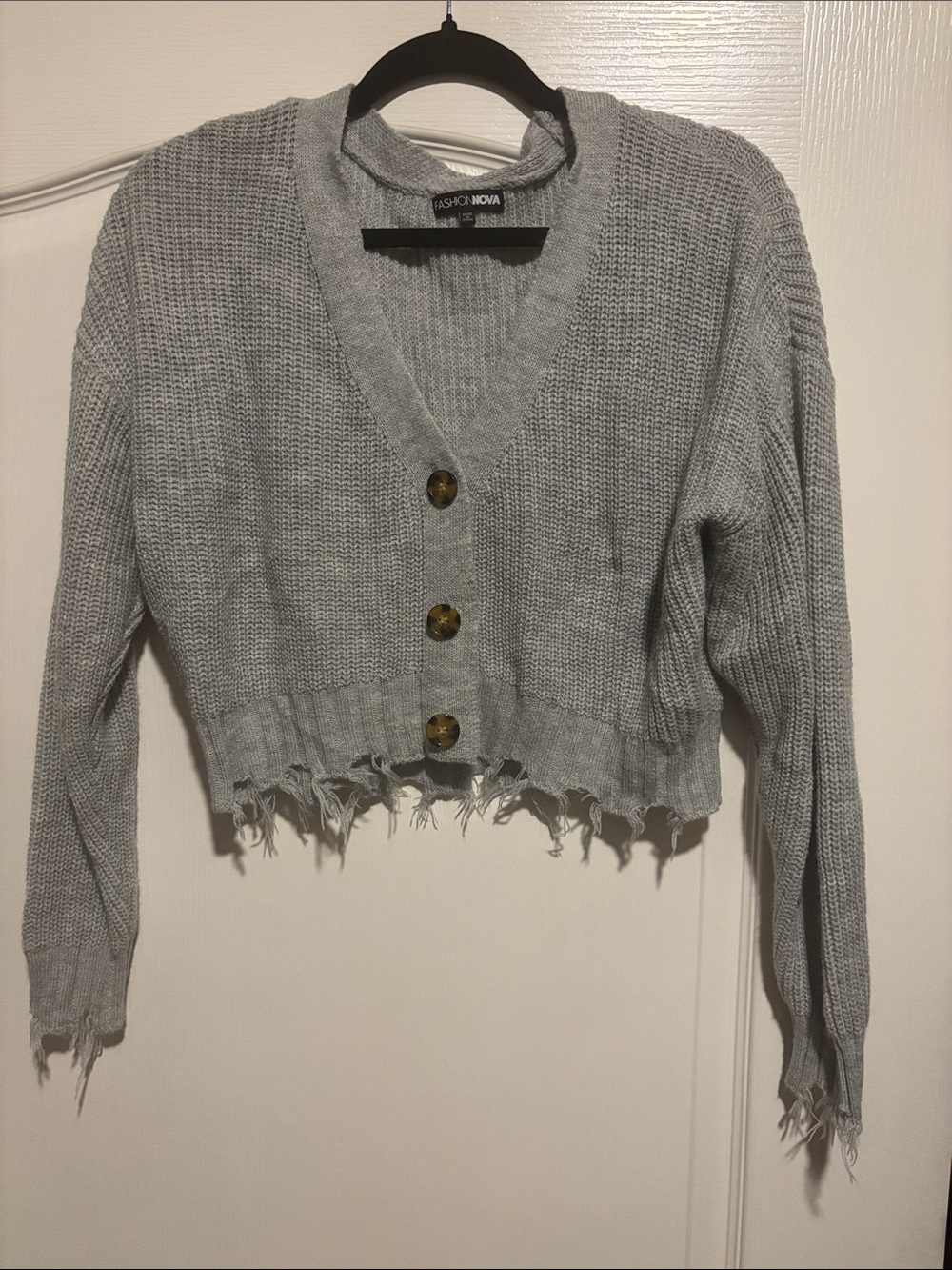Fashion Nova Light Gray Distressed V-Neck Cropped Sweater